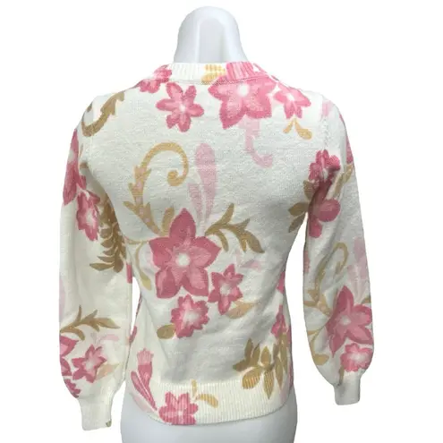 Ann Taylor LOFT Women's White Floral Crew Neck Pullover Sweater Top Size XXS