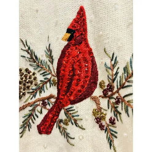 Vintage Cardinal Sweater Extra Large Beaded Sequin Pearl Holiday Zipper Closure Red Size XL
