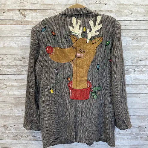 Vintage One Of A Kind Christmas Womens XXL Wool Coat Hand Painted Rudolf Lights Gray