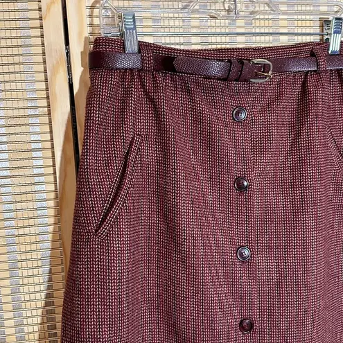 Classique Works Vintage Purple Red Tweed Wool Belted Midi Button Up Skirt Size undefined