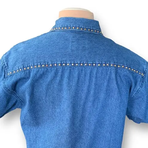 Vintage Sunbelt Denim Shirt Medium Wash Chambray Denim Short Sleeve Gold Stud Blue
