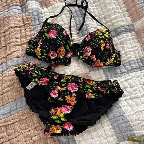 None Vtg black floral tropical colorful bright push up top lettuce trim bikini set