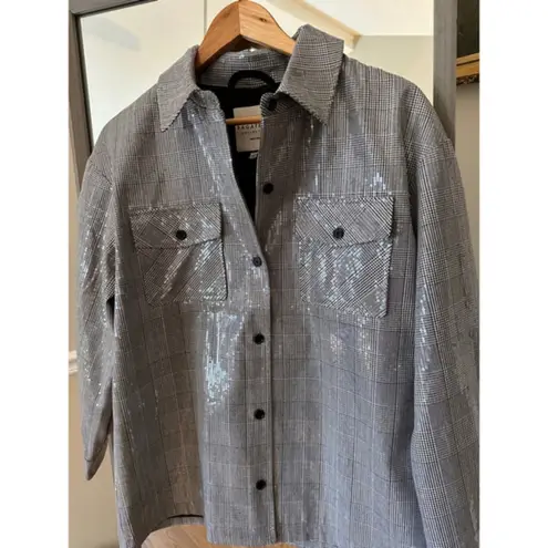 Bagatelle Sequin Plaid Shacket Jacket Medium Gray NWT