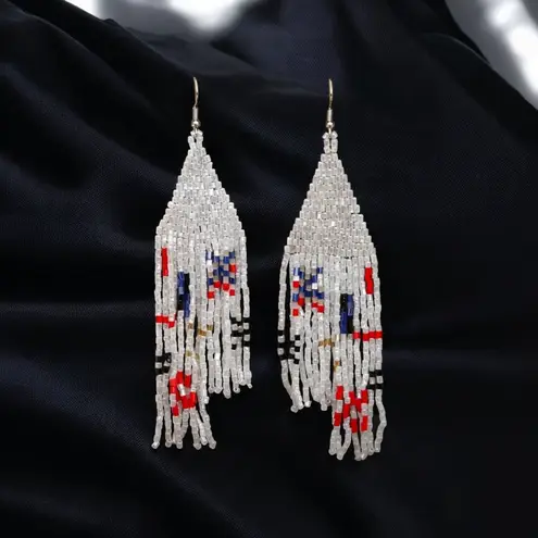Handcrafted Bohemian Beaded White With A Touch Of Color Fringe Earrings