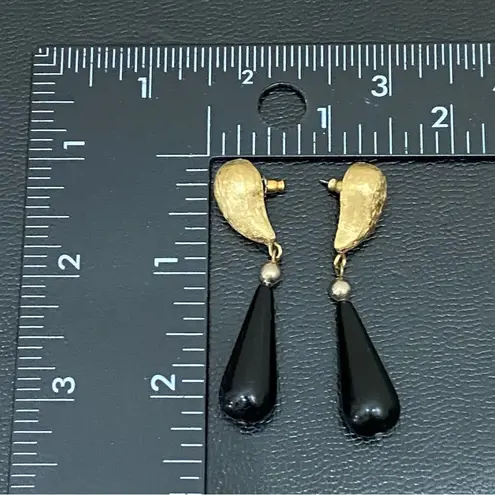Givenchy Vintage Signed Brushed Gold-tone Black Teardrop Dangle Earrings 10.6g