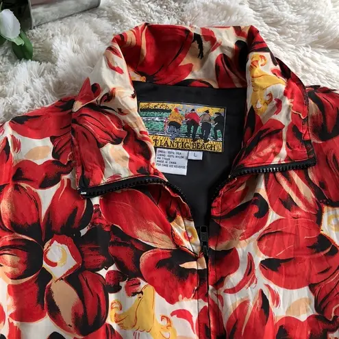 Vintage Red Floral Jacket Silk Full Zip Elegant Bomber Size L