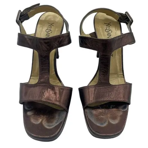 YSL  Yves Saint Laurent Women's Sandal Size 6.5 Vintage Retro Heel T-strap Bronze