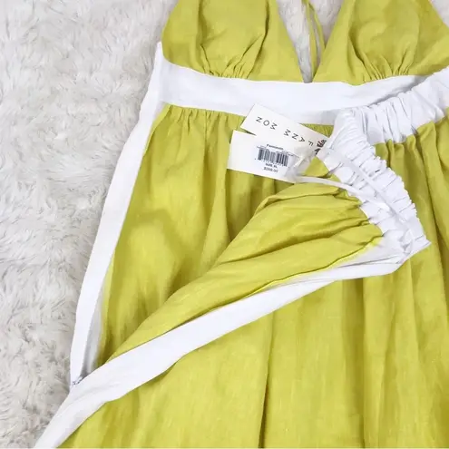 FANM MON Yamile 100% Linen Halter Midi Dress Floral Embroidered Yellow XL New