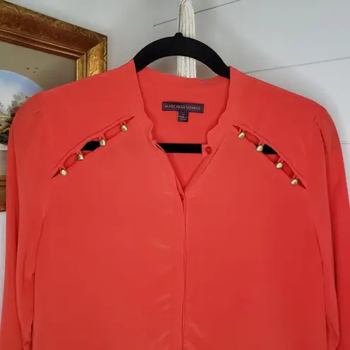 Marchesa Voyage Silk Button Yoke Long Sleeve Button Front Top Orange Coral 2