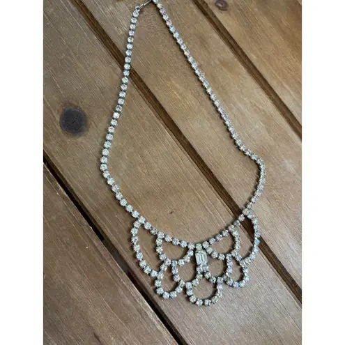 Vintage Rhinestone Bib Necklace Statement Piece Silver