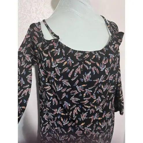 THML Dress Sz M Western Feather Open Shoulders Knee Length Embroidered Hem Strap