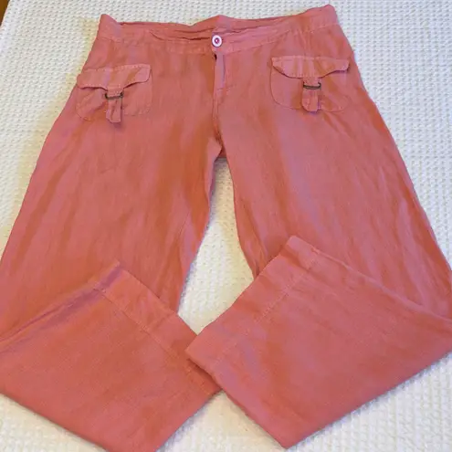 Johnny Was Size MEDIUM Coral Pink Linen Wide Leg Button-Front Pants