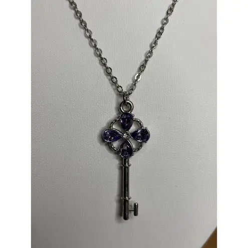 Silver Key Pendant Necklace With Purple Gemstone Accents & Chain