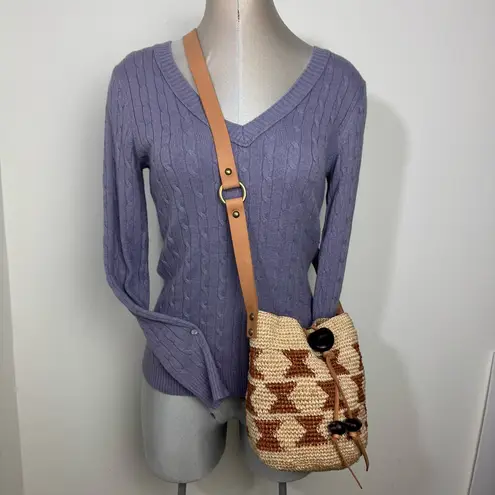 Handmade Raffia boho bucket Crossbody bag hand woven, Crochet & Leather Strap Tan