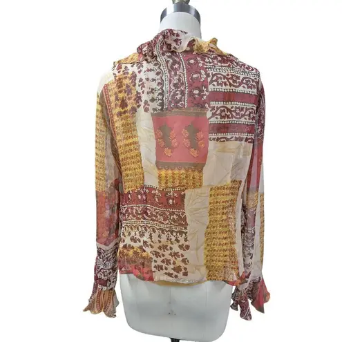 Tess Studio 100% Silk Sheer Blouse & Camisole Gold Red Print Ruffle Neck Sz 10