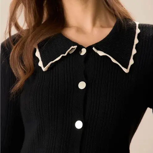 Rihoas Women's Black Splicing Button Ribbed Cardigan Size L