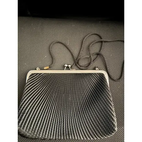 Black Pleated Clutch Evening Bag Metal Frame Strap Women's