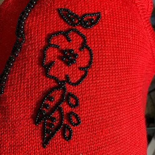 Vintage 90s Embroidered Sweater Vest Red Beaded Dark Floral Printed Knit Vneck Size M