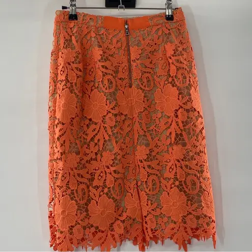 Alice + Olivia  Farrel Midi Pencil Skirt Coral & Nude Floral Lace Size 0 Lined