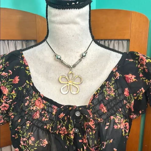 Pink, Orange & Black Flutter Short Sleeve Blouse with Ruffled Details