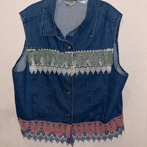 Vintage Denim Vest with Lace Trim Crocheted Grandma Jean Jacket Size XL