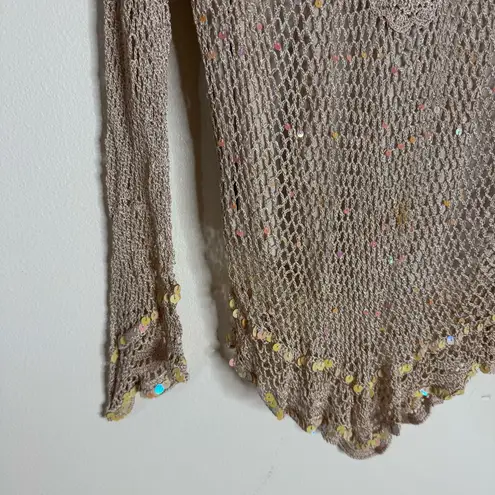 R & M Richards Y2K Beige Crochet Knit Fairycore Long Sleeve Top with Sequins Size L Festival