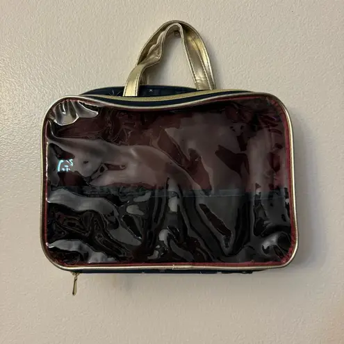 Dark Blue Travel/Cosmetic Bag with Gold Star Print, Gold Handles & Trim Gray