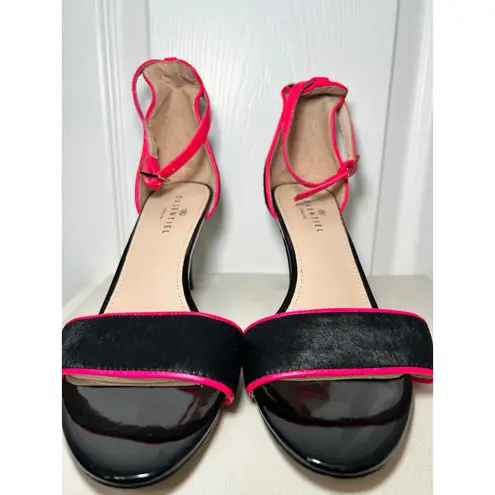 ESSENTIEL Antwerp Heels Sandals Black Pony Hair Neon Pink Trim Ankle Strap 9.5