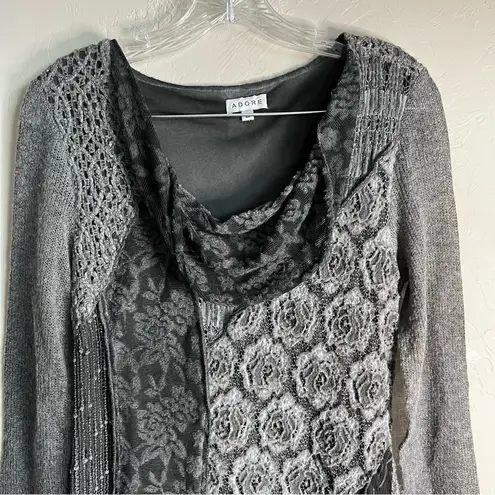 Adore Black Gray Mixed Textiles Lagonlook Asymmetrical Floral Tunic Top