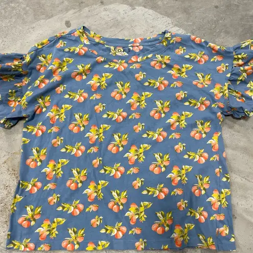 Loft  Womens Ruffle Sleeve Oranges Blue Crewneck tshirt Size Large