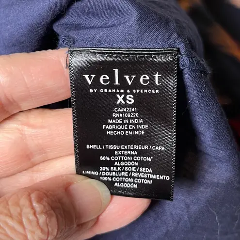 Velvet by Graham & Spencer Silk Cotton Ikat Blouse Navy Coral Boho Stylecore Blue Size XS