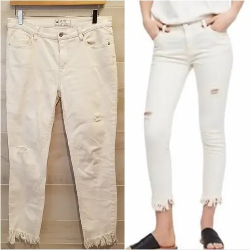 Free People {27}  Great Heights Frayed Hem Distressed Ripped Jeans Creamy White