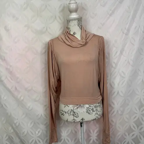FP Movement Free People Beige Cowl Neck Long Sleeve Open Back Twist Crop Top NWT Tan Size L