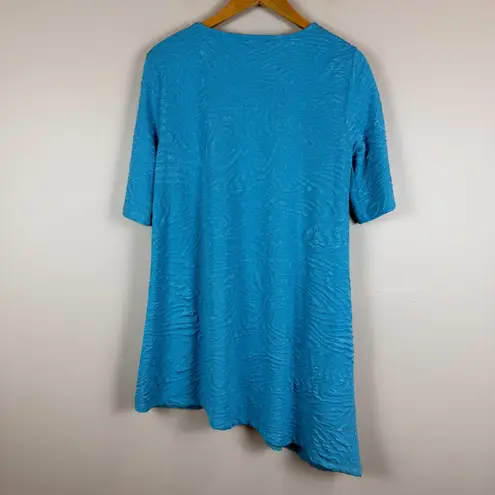 Ali Miles Top Women's S Aqua Textured Short Sleeve Lagenlook Asymmetrical Tunic Blue