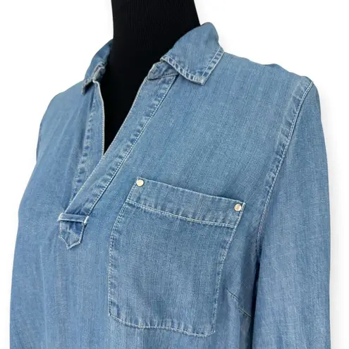 Soma | S | Chambray Popover V-Neck w/ Foldover Collar Roll Tab Sleeve Tunic Top