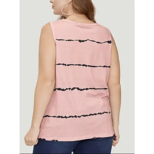 Bloomchic New Pink Black Striped Print Pocket V-neck Tank Top 1X Plus 14/16