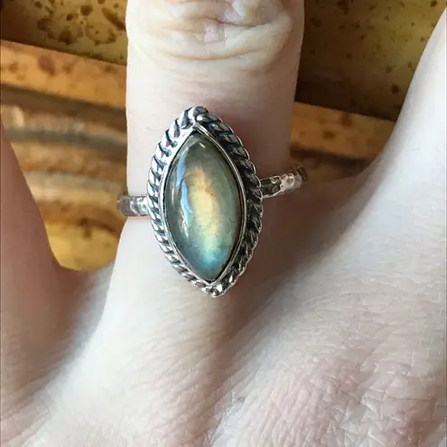Natural Labradorite Sterling Silver Solitaire Ring Size 7 Orange