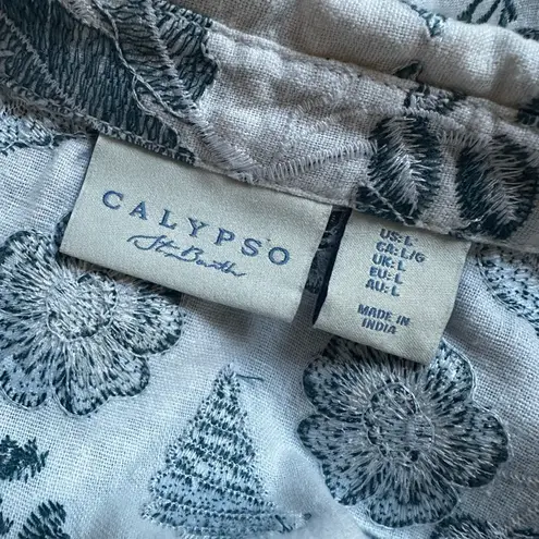 Calypso St. Barth Embroidered Shacket Shirt Button Up Blue White Linen Cottage