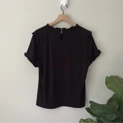 Karl Lagerfeld  Ruffle Blouse Button Keyhole Back Solid Black Stretch Polyester L