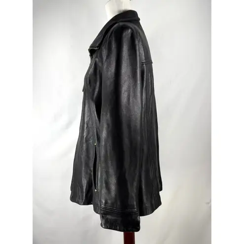 Ellen Tracy Womens Black Leather Zip Front Jacket Size L Funnel Collar Old Money