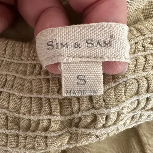 Sim & Sam Tan Linen Blend Tiered Maxi Sundress Tie Front Spaghetti Straps Small