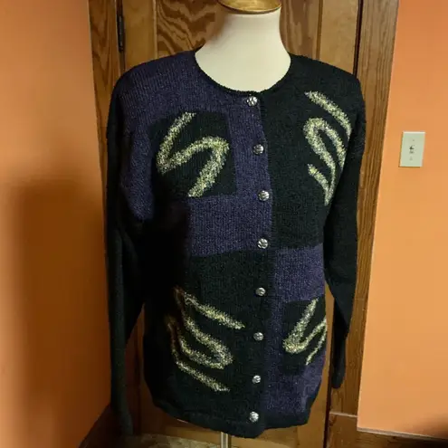 Vtg 90s South Cotton Hand Loomed Op art Cardigan Purple Size M