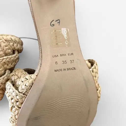 Axel tan nude straw woven square toe heeled slip on sandals sz 6 women