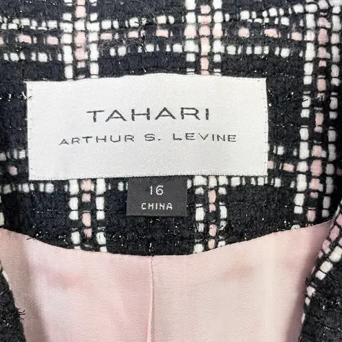 Tahari  ASL Womens 16 Tweed Blazer Jacket Black Pink Plaid Button Front Fringe