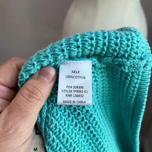 BiBi Blue Teal Floral Crochet Knit Short Sleeve Sweater Top Sz M Size M