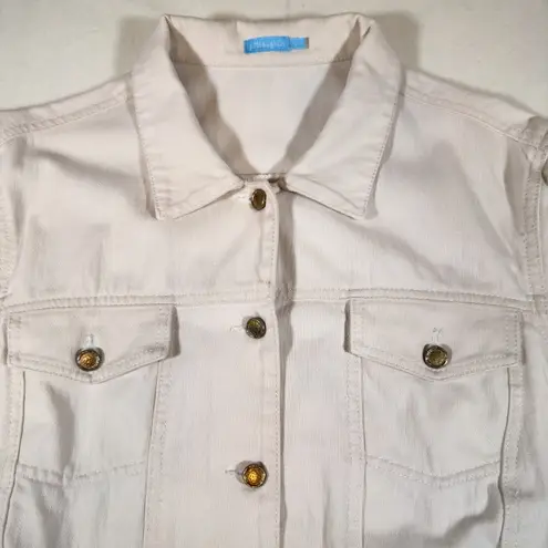 J. McLaughlin Womens White Jean Jacket Sz L Denim Soft Stretch Gold Buttons Large