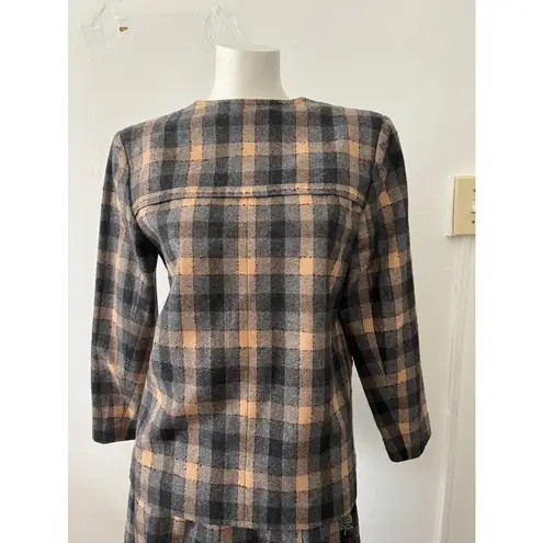 Vintage 80s beige green ruffled wool rustic plaid checkered skirt suit w/scarf S Tan Size M