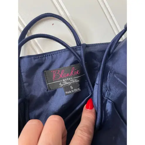 Blondie Nites Blue Satin Jeweled Embellished Strappy Cocktail Dress Juniors Sz S