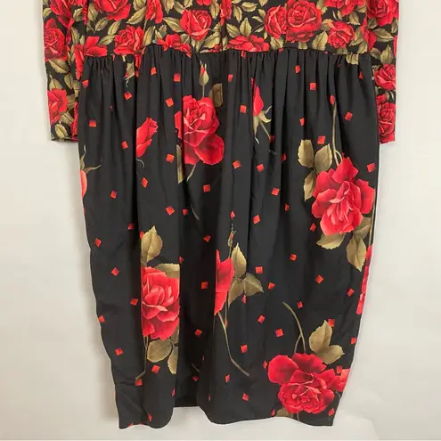 Vintage 80s Floral Dress Roses Dropped Waist Long Sleeve Modest Black Red Retro Size 8