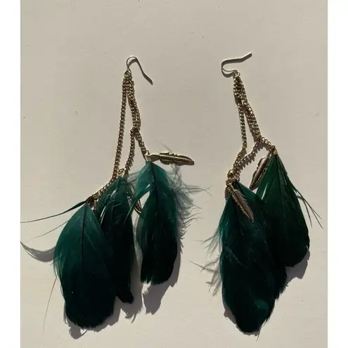 Vintage Dark Green Gold Dangling Real Feather Earrings Western Aztec Sz 7”